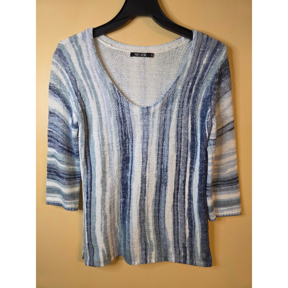 NIC+ZOE Blue White Striped V-Neck Sweater 3/4 Sleeve Cotton Blend Size XS